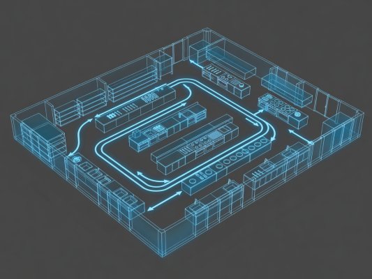 3D architectural blueprint render of an industrial kitchen workflow
