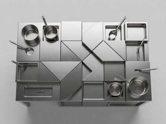 3D top-down render of an interlocking stainless steel prep station