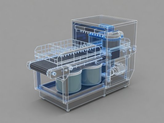 3D wireframe and solid render of a commercial conveyor dishwasher